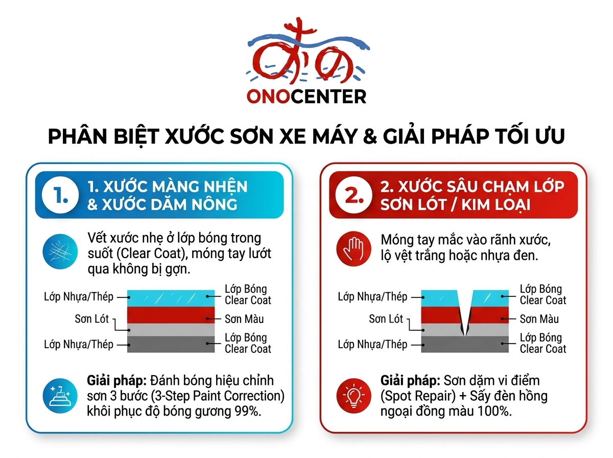 Infographic hướng dẫn phân biệt xước sơn xe máy và lựa chọn giải pháp đánh bóng hiệu chỉnh hay sơn dặm vi điểm tại ONOCENTER