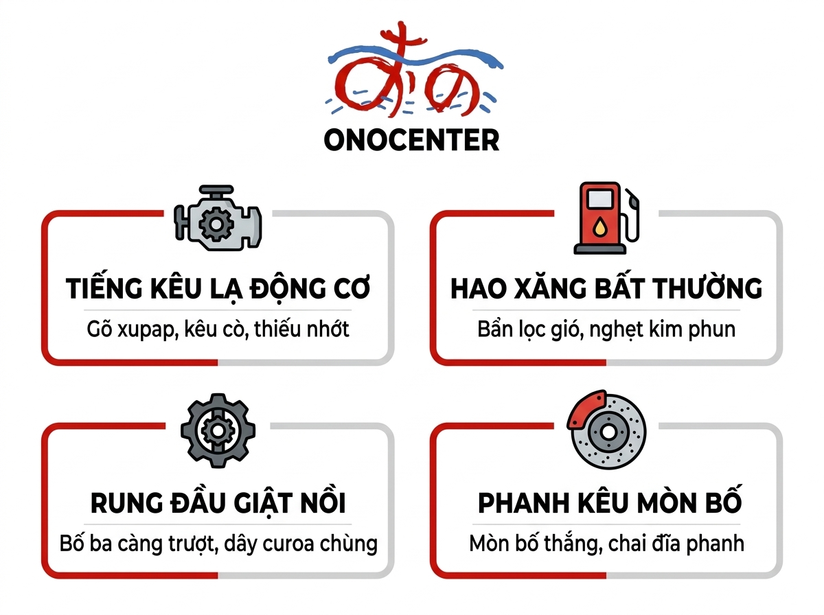 Infographic 4 nhóm dấu hiệu hư hỏng xe máy cần kiểm tra bảo dưỡng ngay tại ONOCENTER