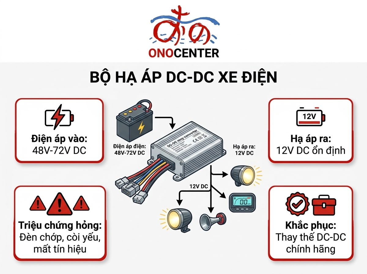 Infographic sơ đồ nguyên lý mạch chuyển đổi DC-DC và các dấu hiệu hư hỏng xe điện