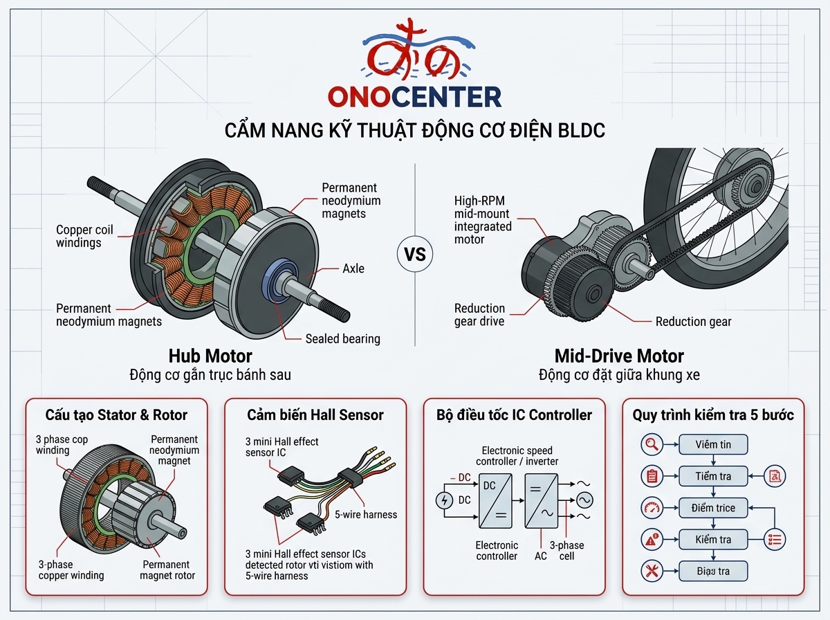 Infographic so sánh cấu tạo kỹ thuật động cơ Hub Motor và Mid-Drive trên xe máy điện