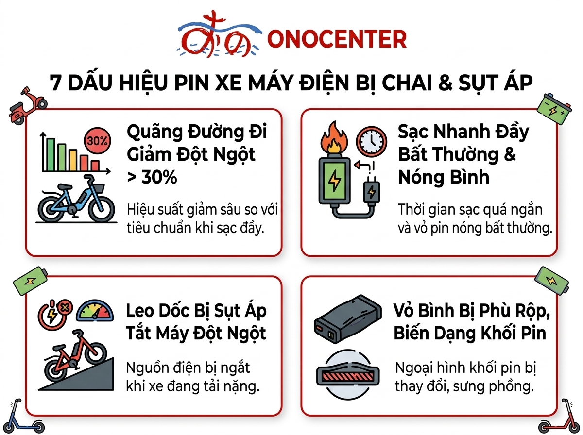 Infographic 7 dấu hiệu pin xe máy điện bị chai và biểu đồ kiểm tra chỉ số sức khỏe pin SOH