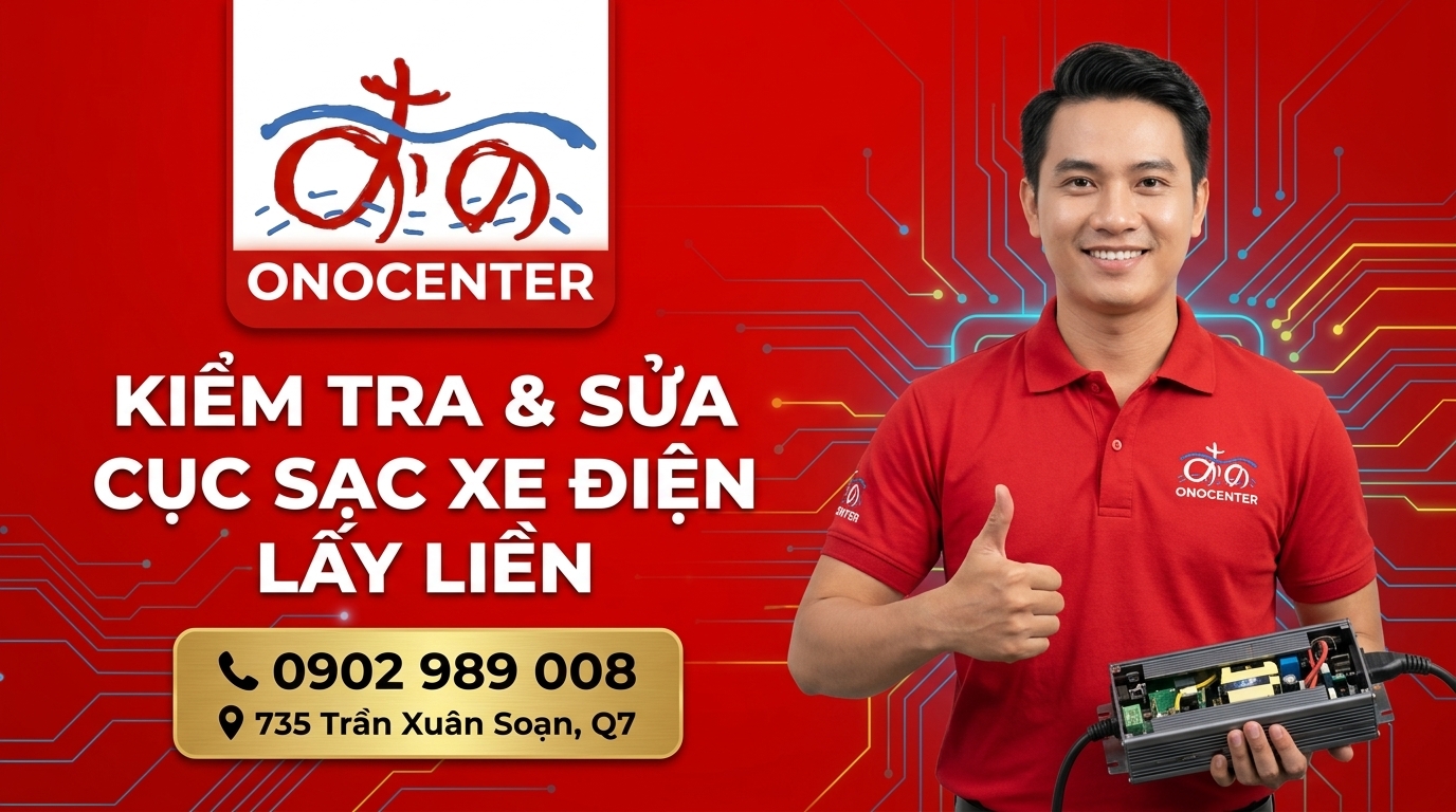 Banner kêu gọi đặt lịch kiểm tra và sửa chữa cục sạc xe điện lấy liền tại ONOCENTER Quận 7