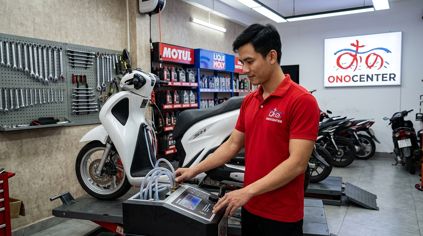 Kỹ thuật viên ONOCENTER thực hiện súc máy xe máy và làm sạch buồng đốt bằng máy chuyên dụng