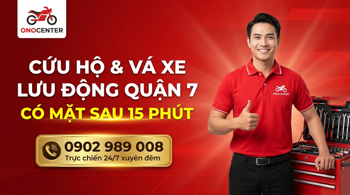 Banner gọi ngay hotline cứu hộ và vá xe máy lưu động 24/7 Quận 7 ONOCENTER