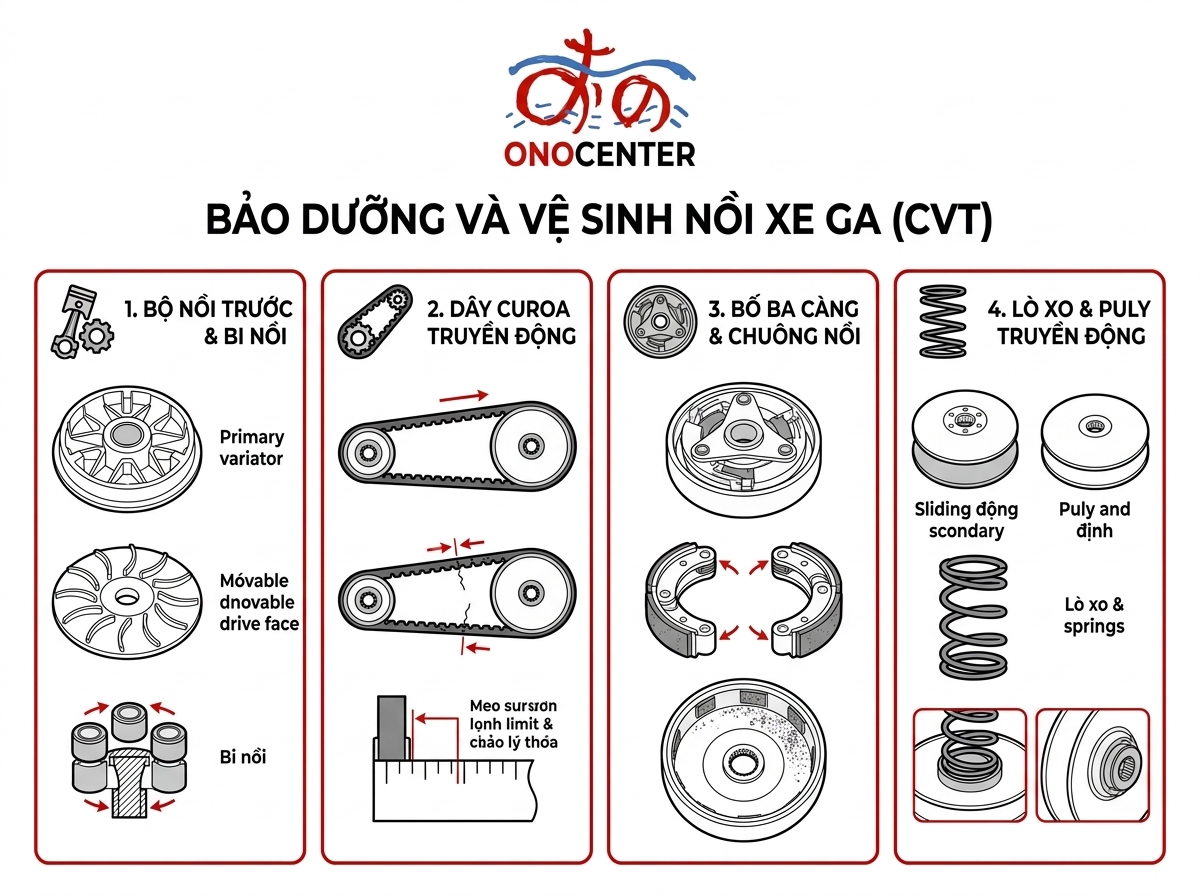 Sơ đồ infographic minh họa các cụm chi tiết nồi xe tay ga và các điểm cần kiểm tra bảo dưỡng