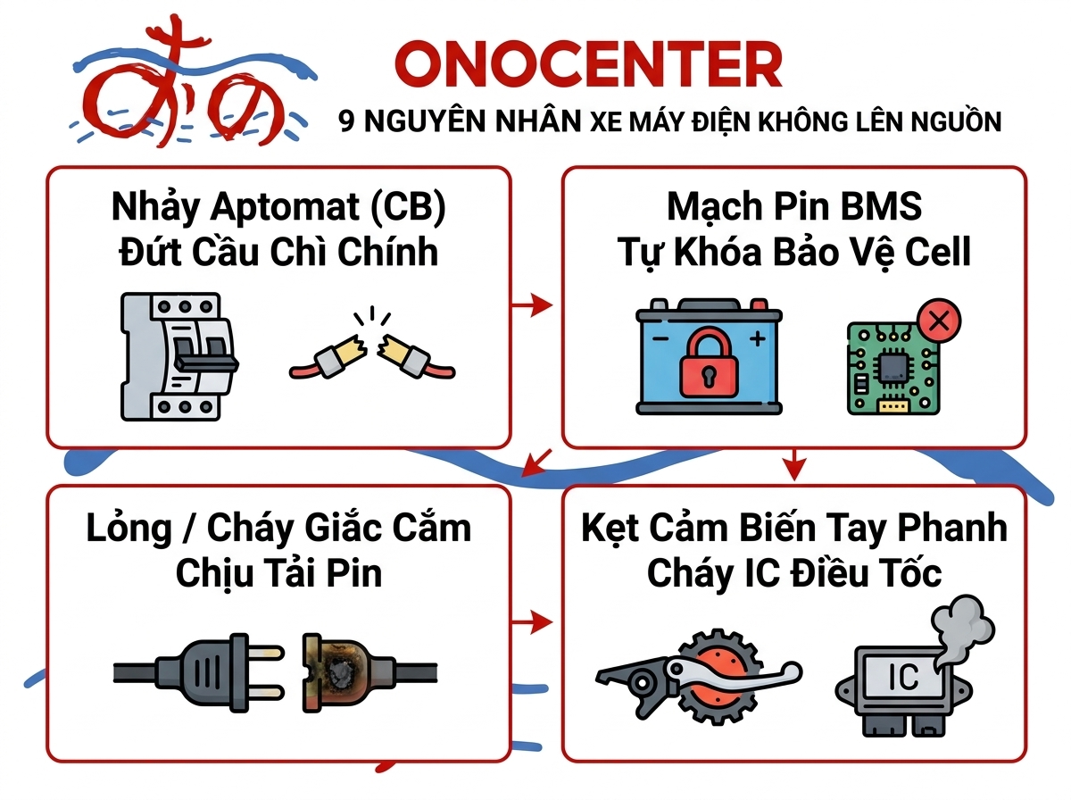 Sơ đồ 9 nguyên nhân xe máy điện không lên nguồn và lưu đồ xử lý nhanh