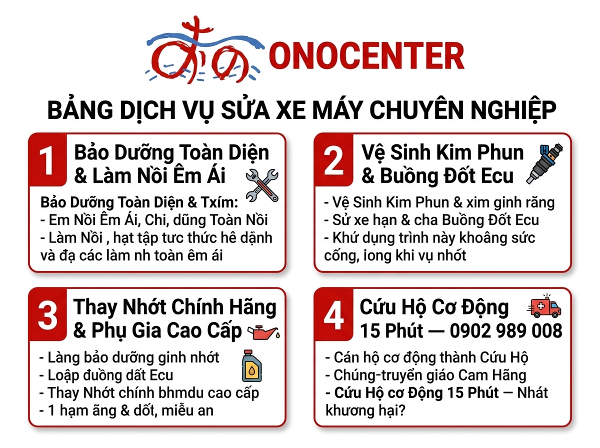 Infographic quy trình bảo dưỡng và bảng giá 37 dịch vụ sửa xe máy ONOCENTER Quận 7